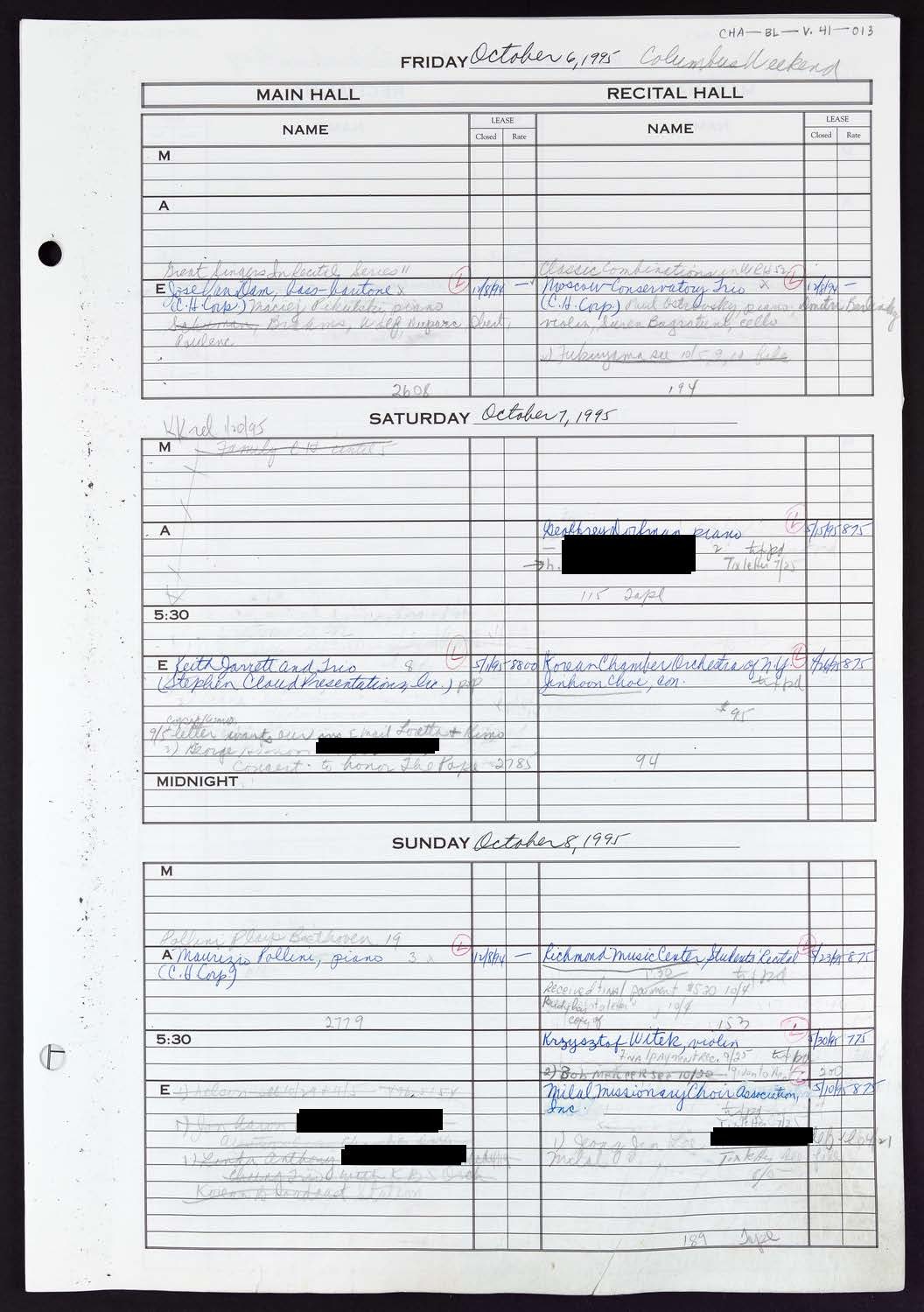 Carnegie Hall Booking Ledger, volume 41, page 13