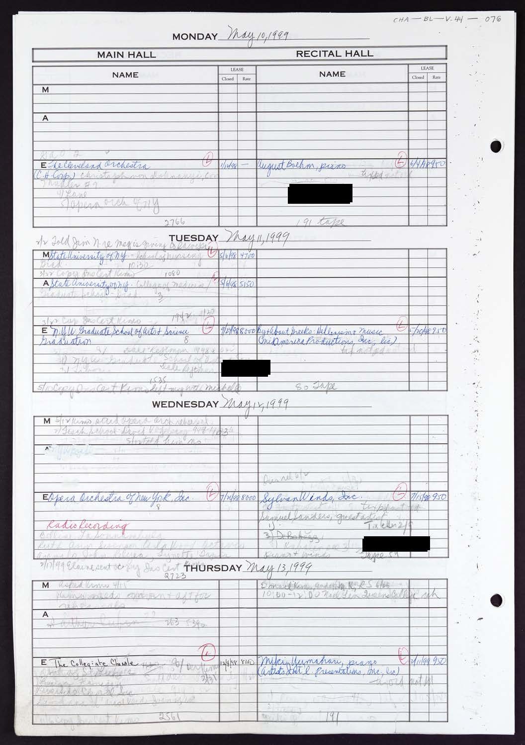 Carnegie Hall Booking Ledger, volume 44, page 76