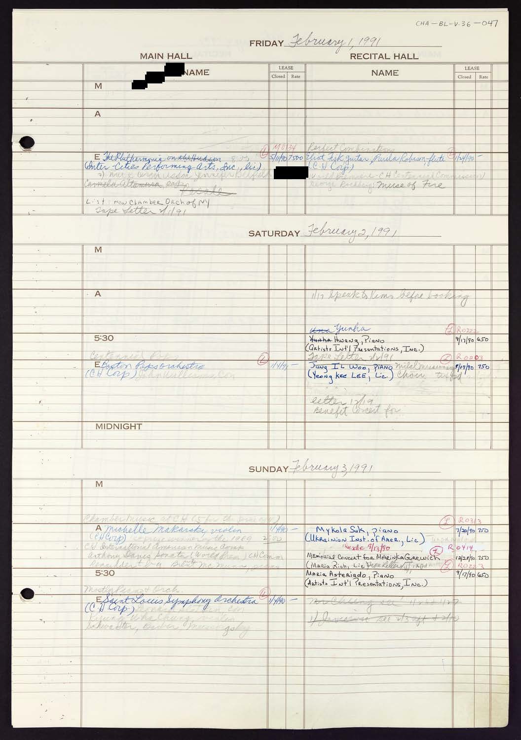 Carnegie Hall Booking Ledger, volume 36, page 47