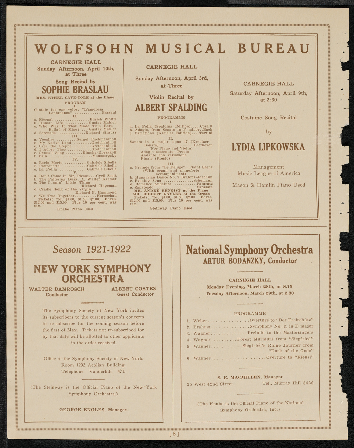 Cantor Sirota with Choir, March 26, 1921, program page 8