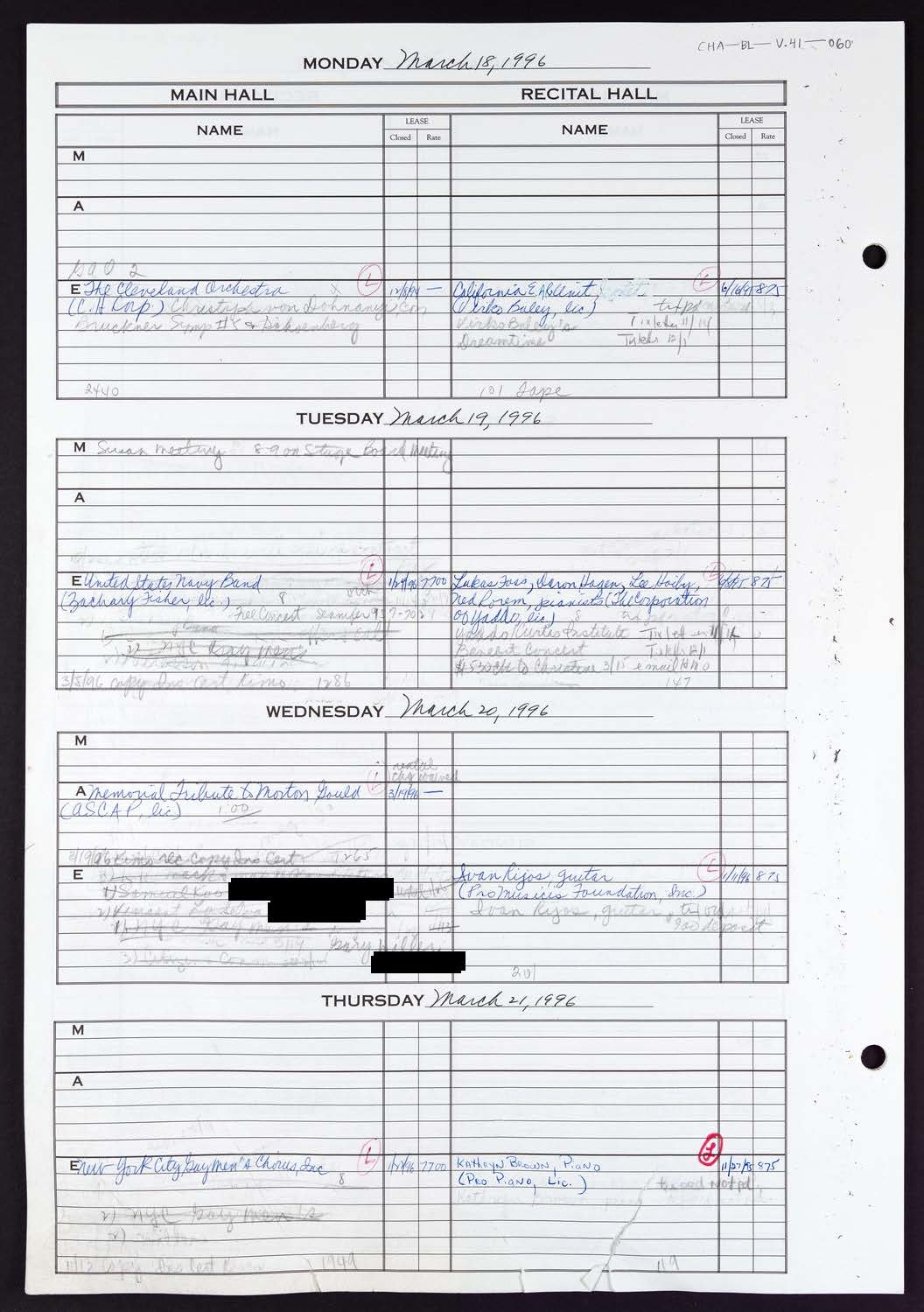 Carnegie Hall Booking Ledger, volume 41, page 60