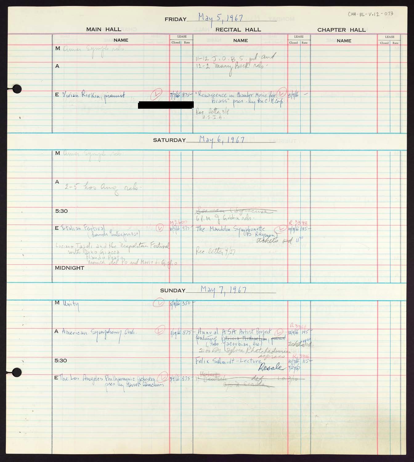 Carnegie Hall Booking Ledger, volume 12, page 73