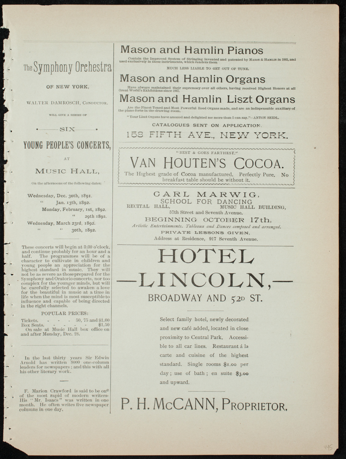 Damrosch Sunday Concert, December 27, 1891, program page 5