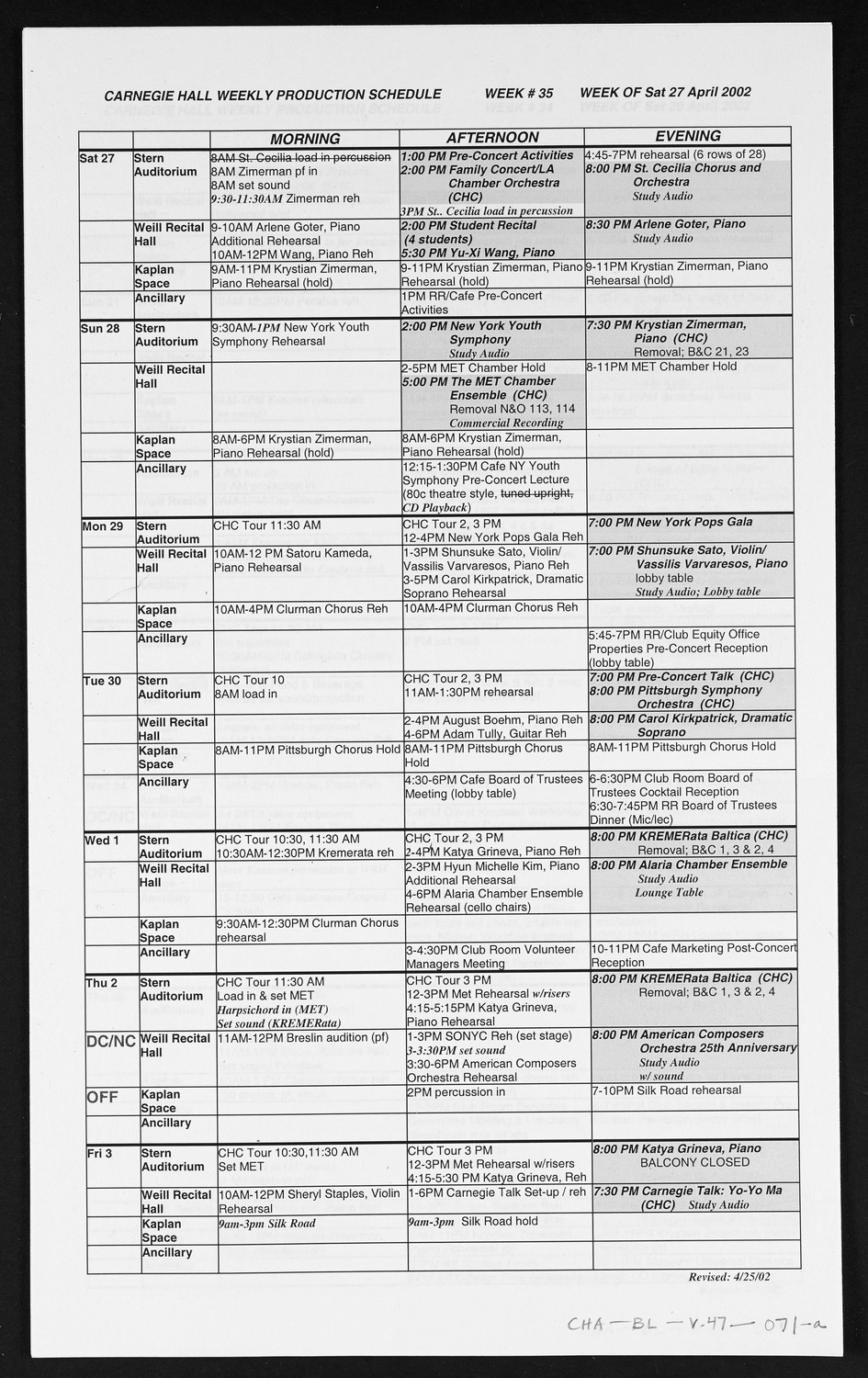 Carnegie Hall Booking Ledger, volume 47, page 71a