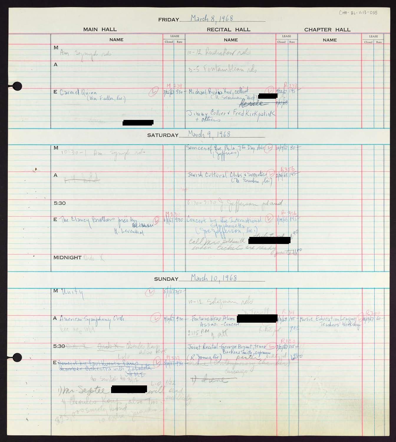 Carnegie Hall Booking Ledger, volume 13, page 55