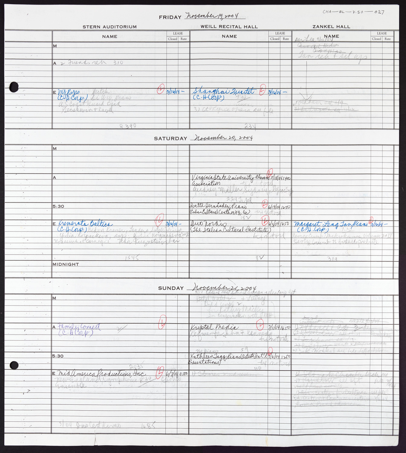 Carnegie Hall Booking Ledger, volume 50, page 27