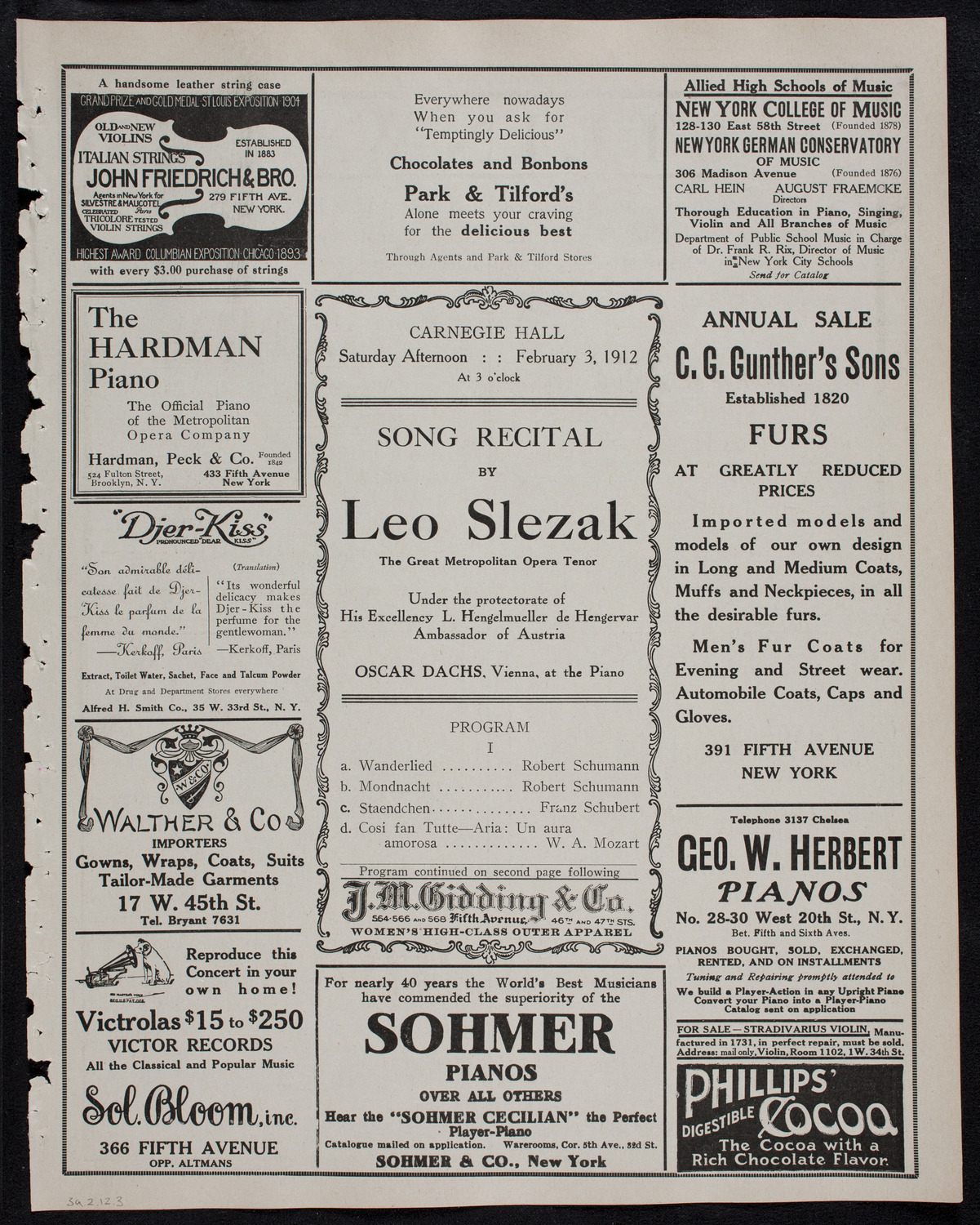 Leo Slezak, Tenor, February 3, 1912, program page 5