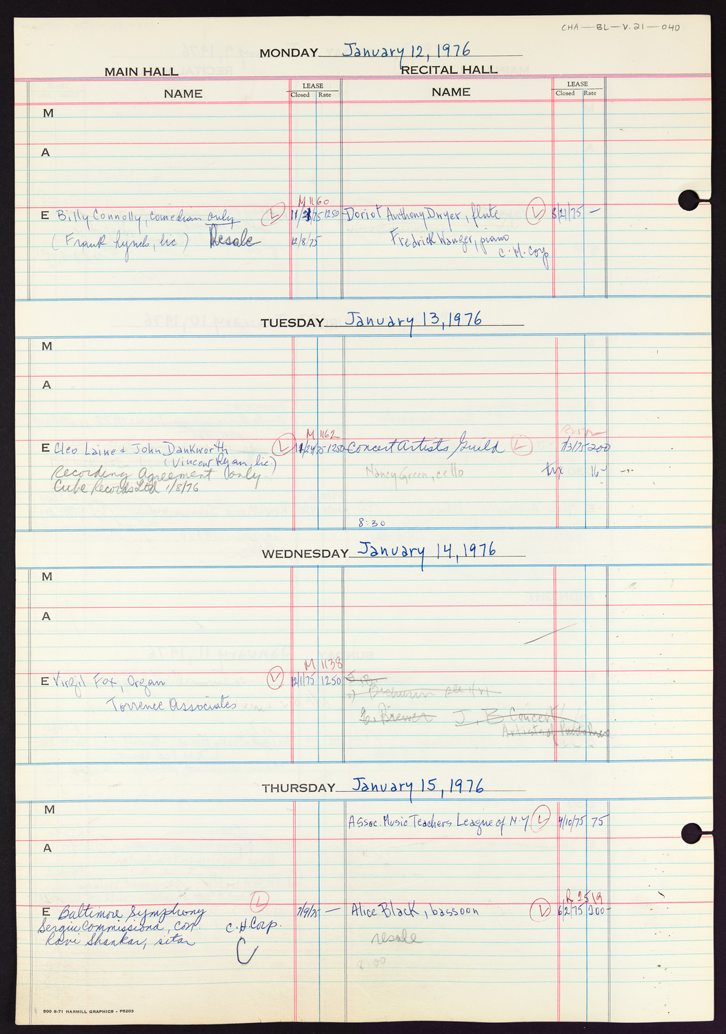 Carnegie Hall Booking Ledger, volume 21, page 40