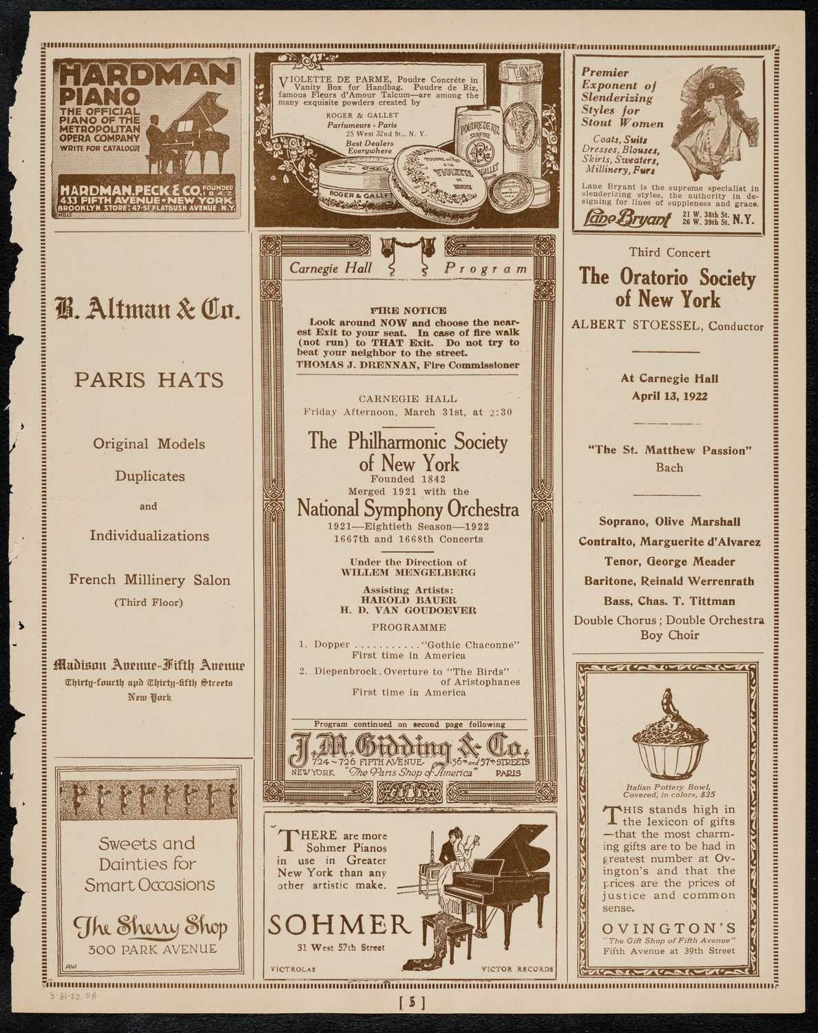 New York Philharmonic, March 31, 1922, program page 5