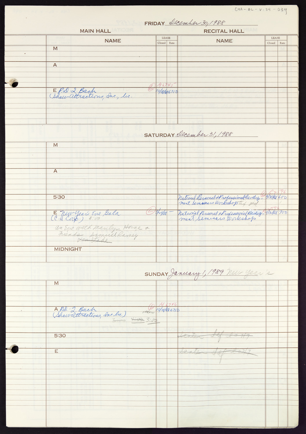 Carnegie Hall Booking Ledger, volume 34, page 39