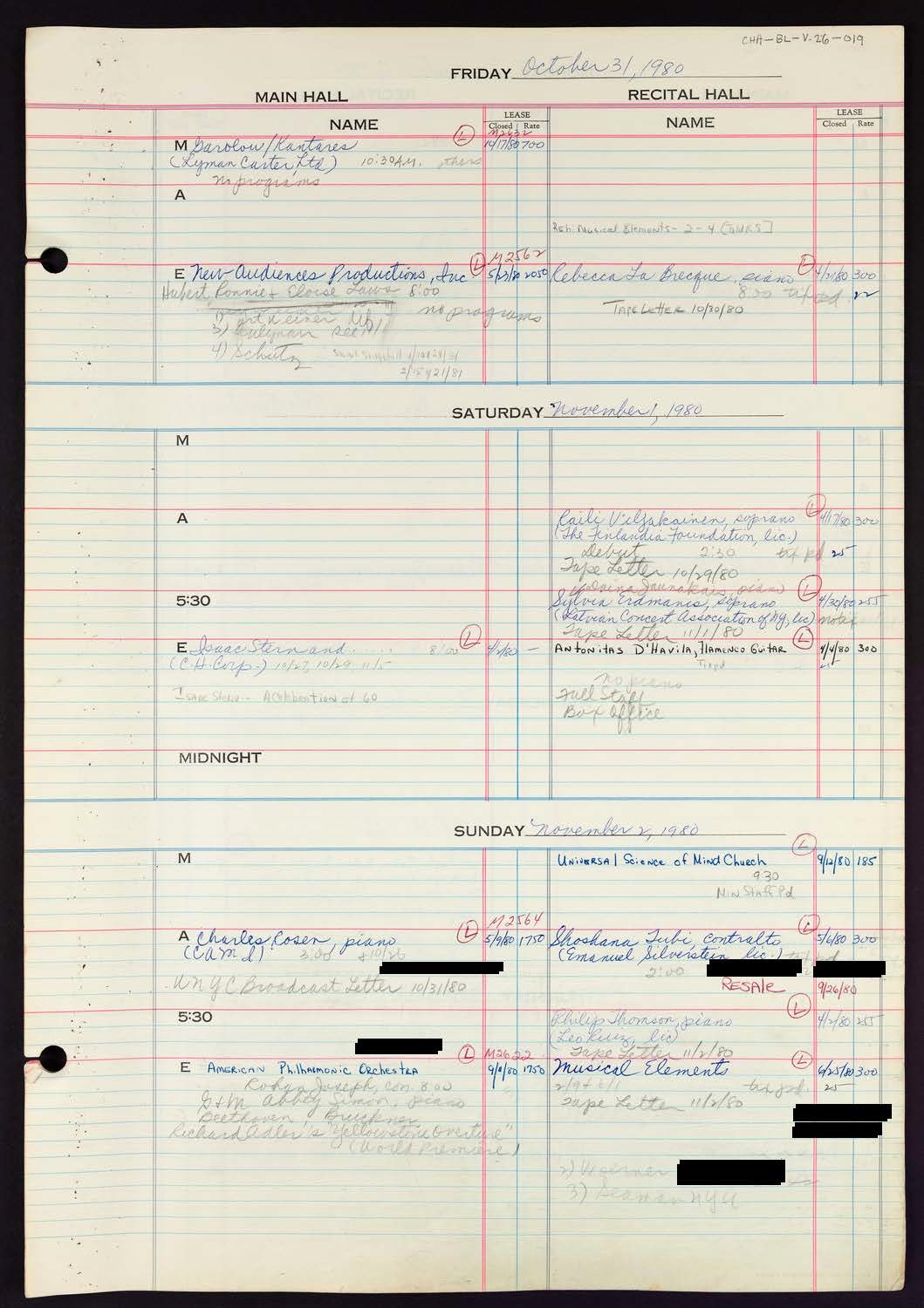 Carnegie Hall Booking Ledger, volume 26, page 19