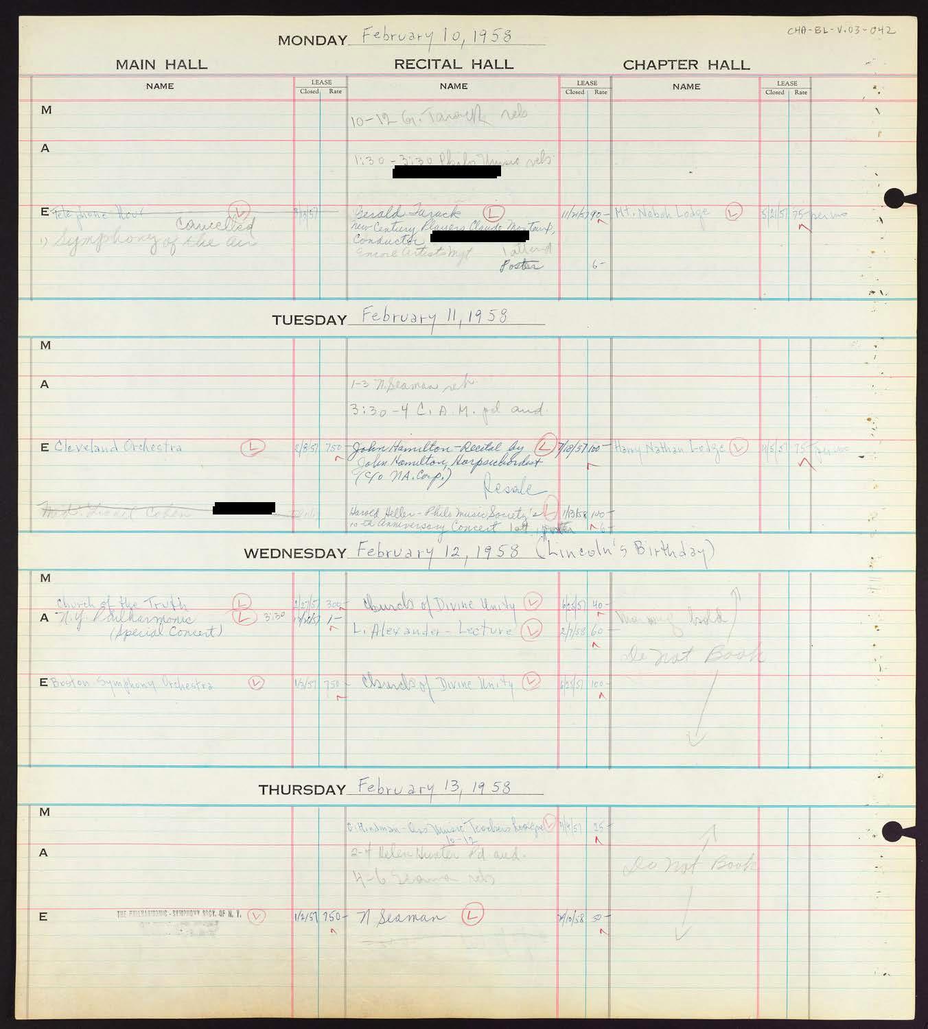 Carnegie Hall Booking Ledger, volume 3, page 42