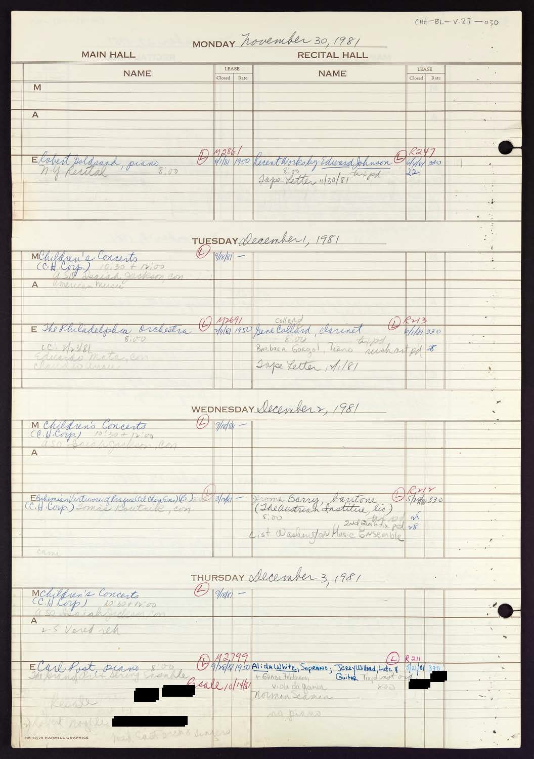 Carnegie Hall Booking Ledger, volume 27, page 30