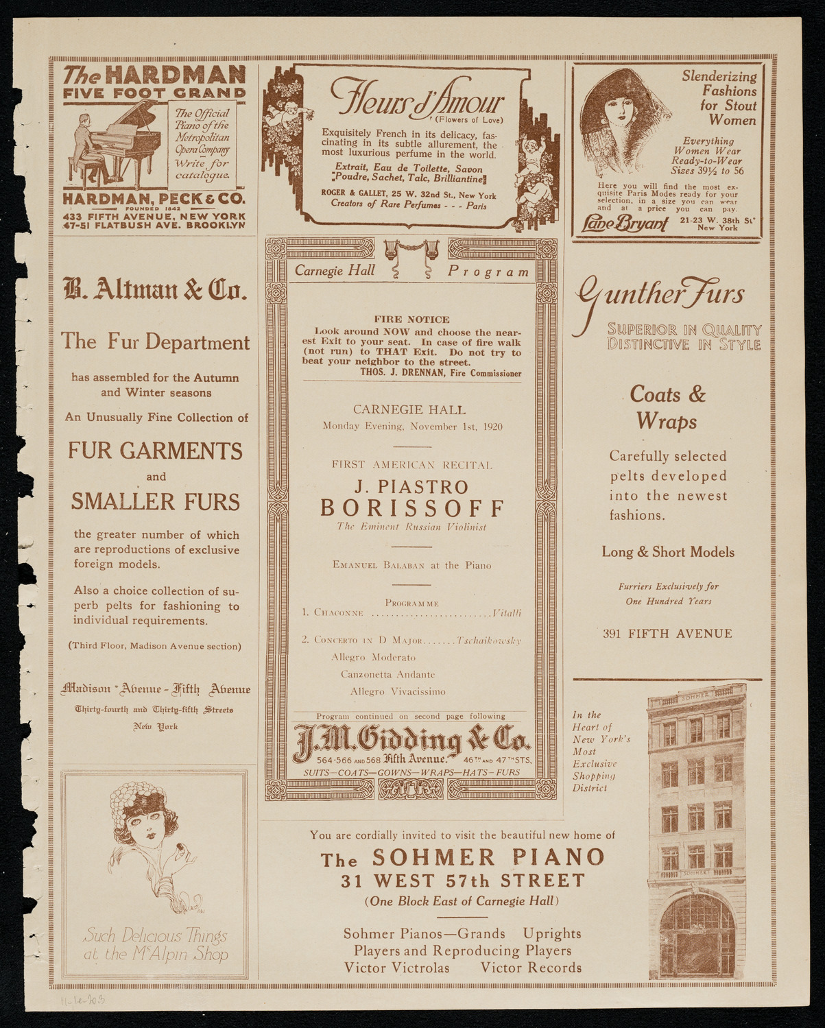 J. Piastro Borisoff, Violin, November 1, 1920, program page 5