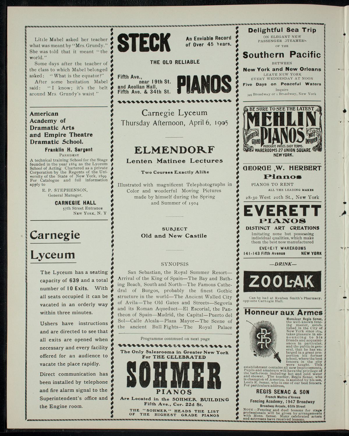 Elmendorf Lecture: Old and New Castile, April 6, 1905, program page 2