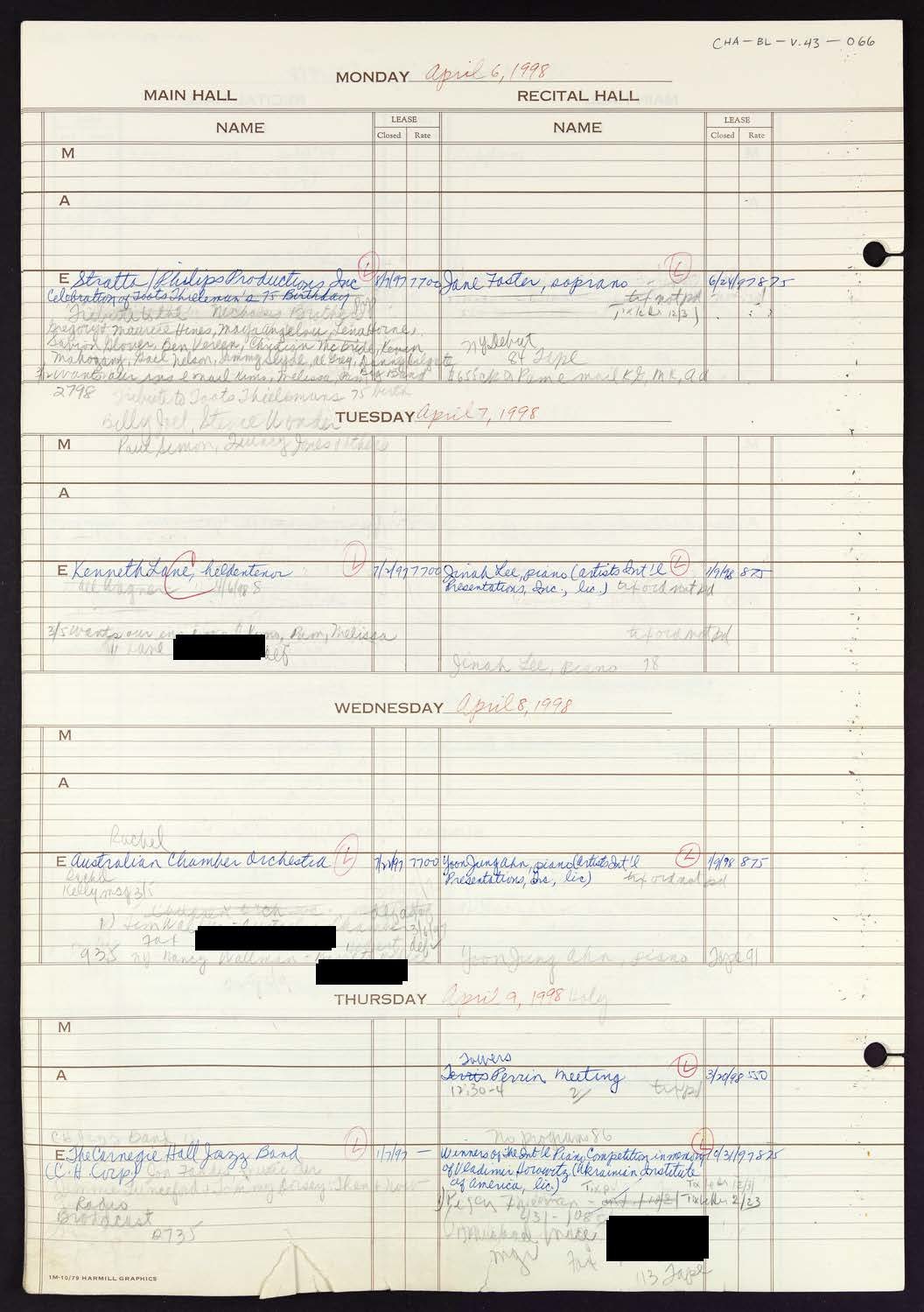 Carnegie Hall Booking Ledger, volume 43, page 66