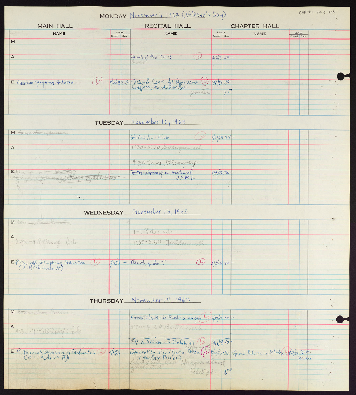 Carnegie Hall Booking Ledger, volume 9, page 22