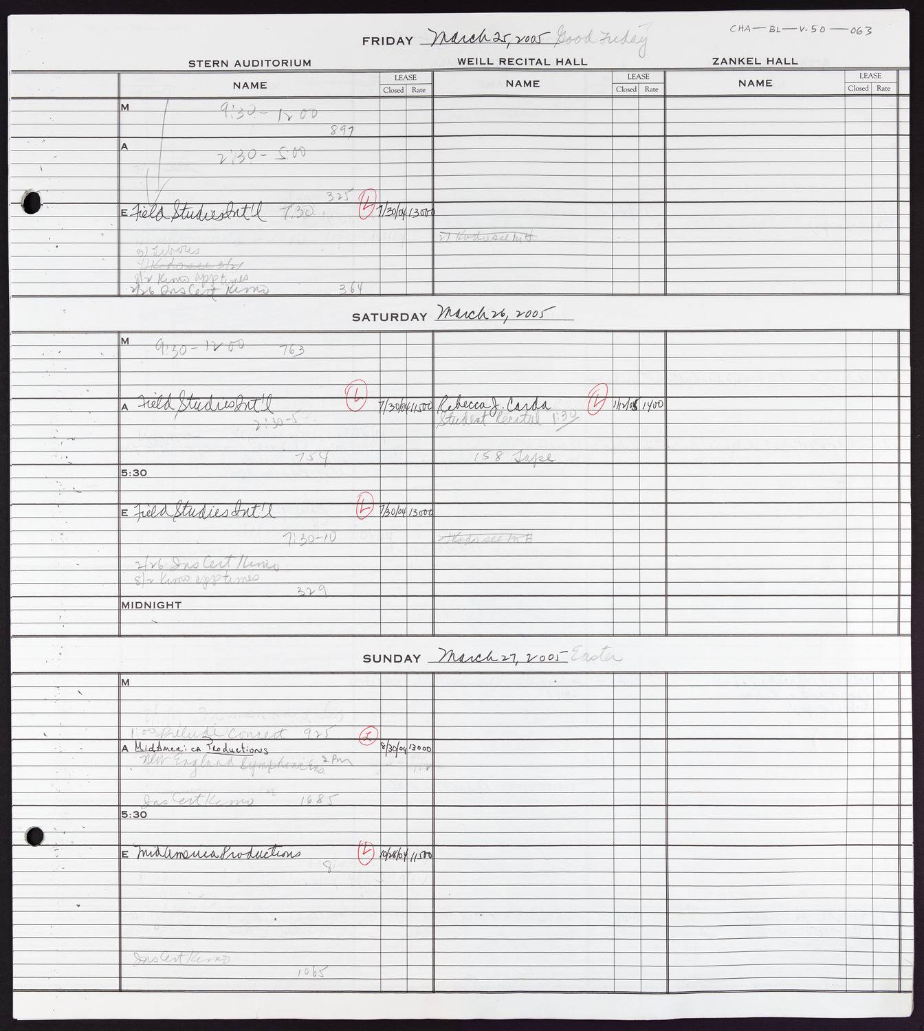 Carnegie Hall Booking Ledger, volume 50, page 63