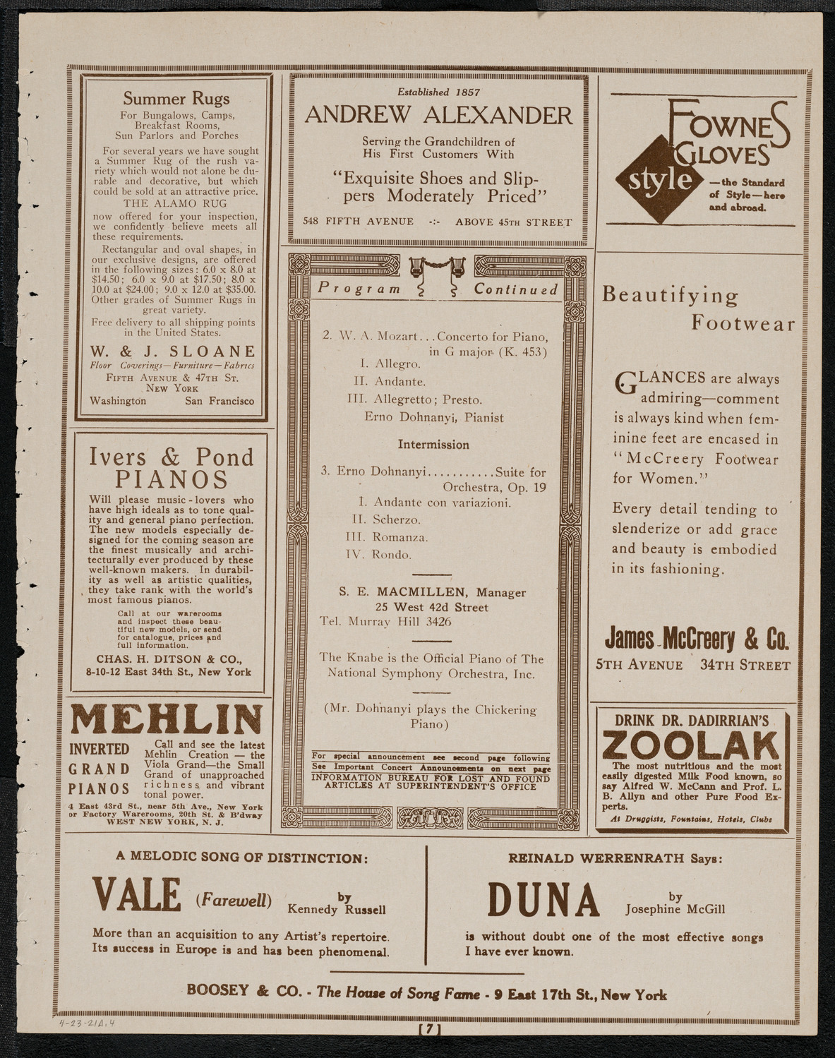 National Symphony Orchestra, April 23, 1921, program page 7