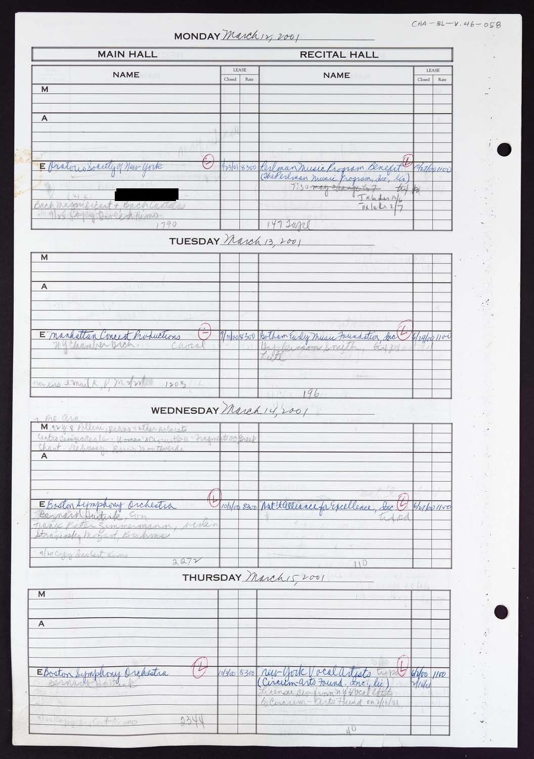 Carnegie Hall Booking Ledger, volume 46, page 58