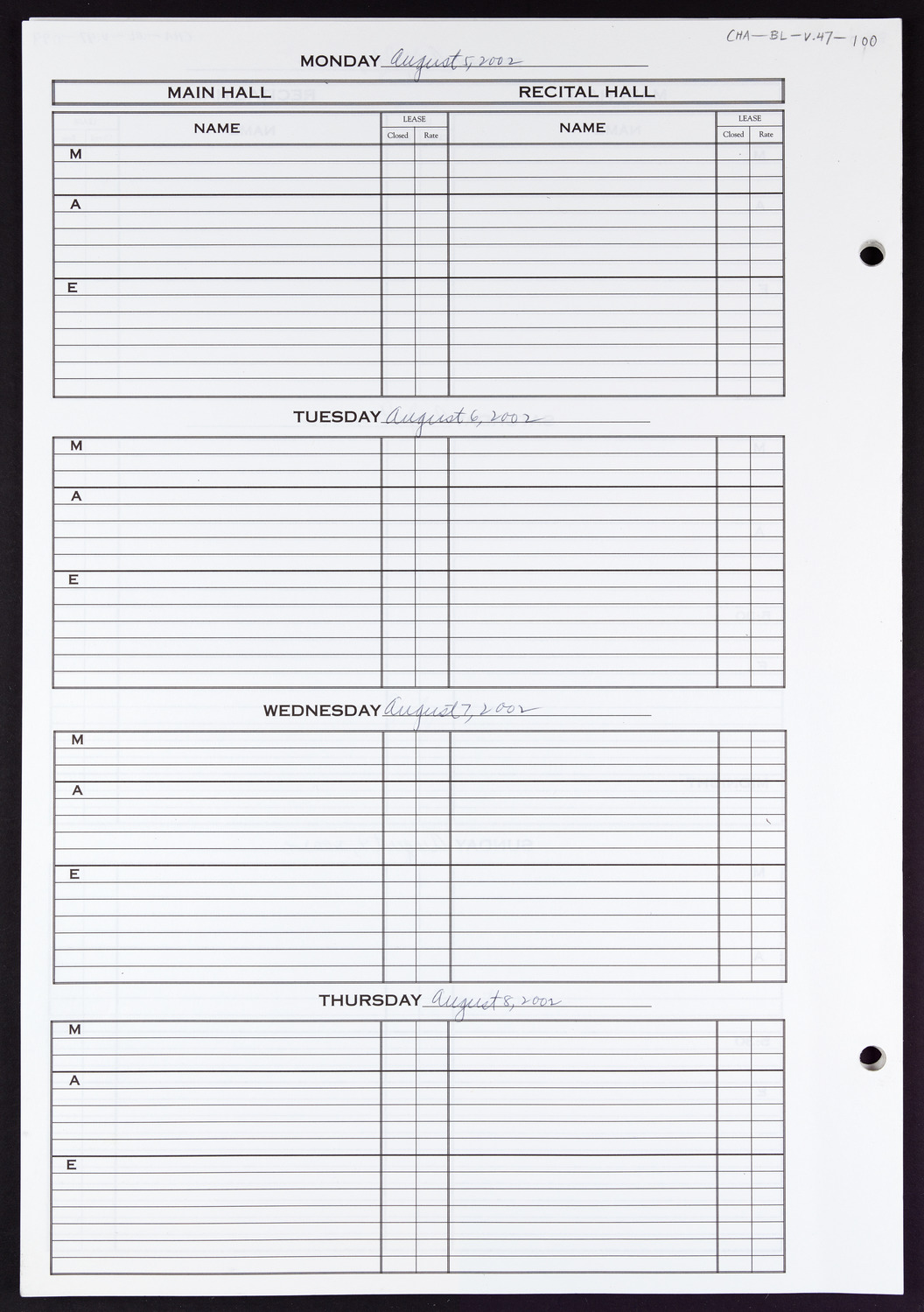 Carnegie Hall Booking Ledger, volume 47, page 100