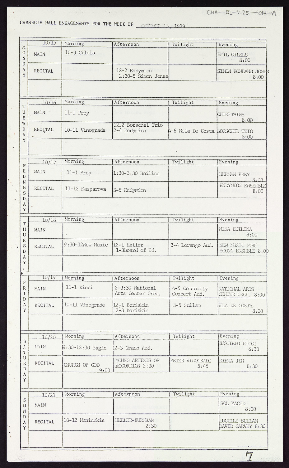 Carnegie Hall Booking Ledger, volume 25, page 14a