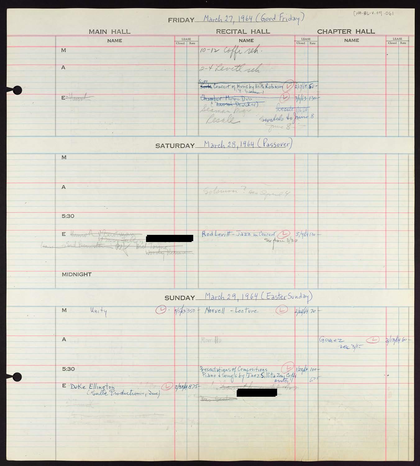 Carnegie Hall Booking Ledger, volume 9, page 61