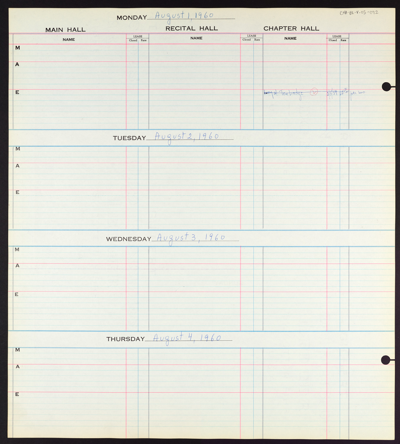 Carnegie Hall Booking Ledger, volume 5, page 92