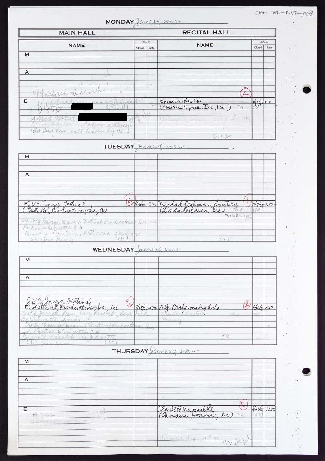 Carnegie Hall Booking Ledger, volume 47, page 88