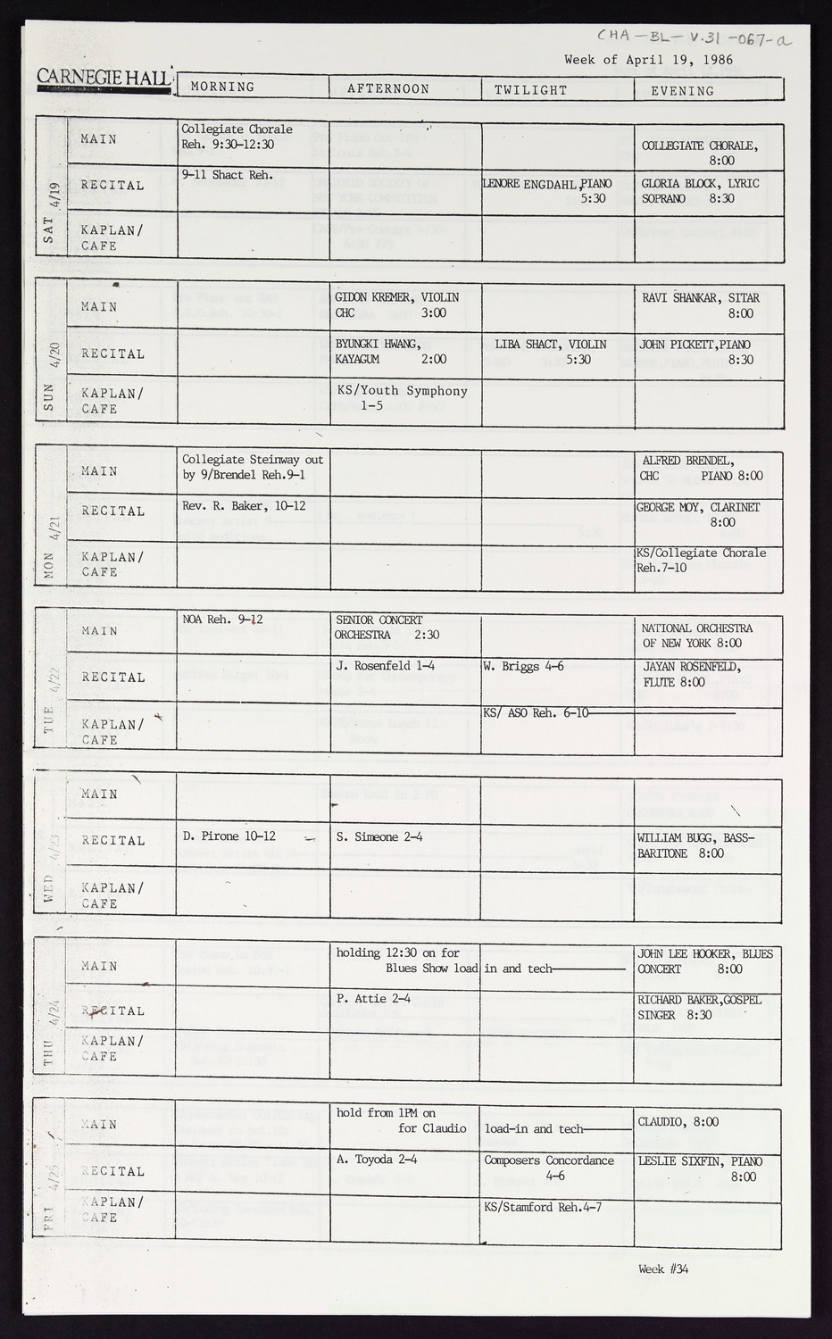 Carnegie Hall Booking Ledger, volume 31, page 67a