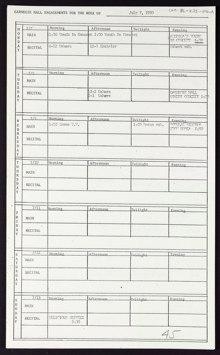 Carnegie Hall Booking Ledger, volume 25, page 90a