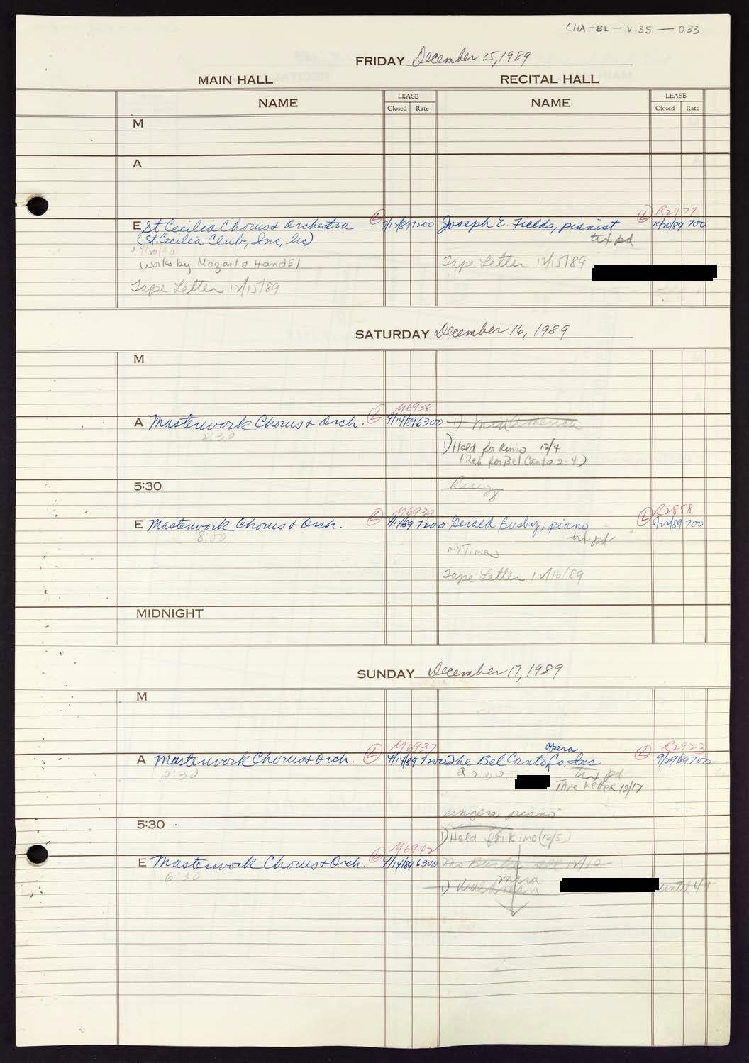 Carnegie Hall Booking Ledger, volume 35, page 33