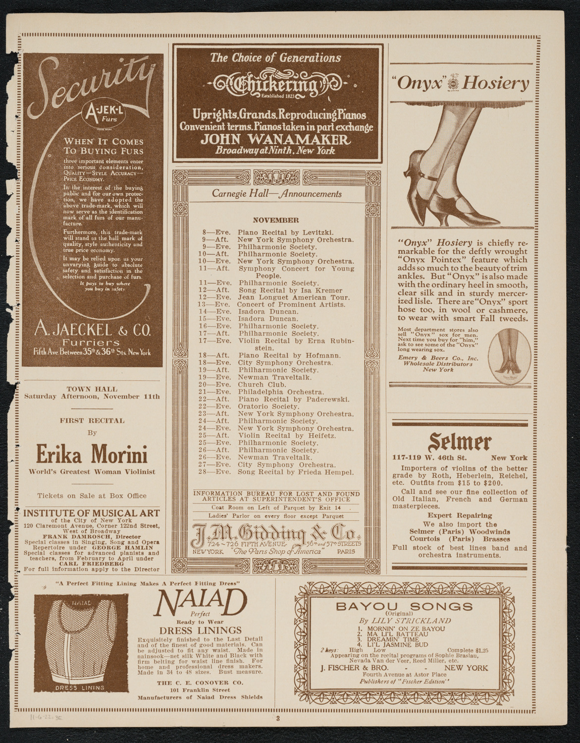 Julia Claussen, Mezzo-Soprano, November 6, 1922, program page 3