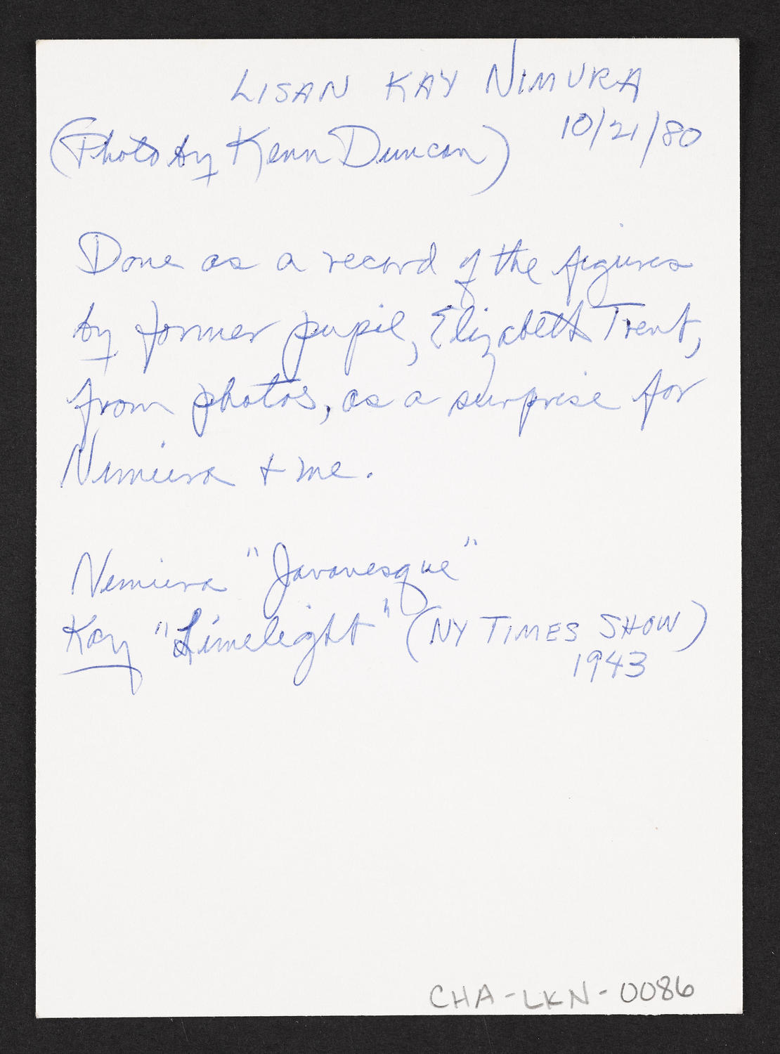 Lisan Kay Nimura with figures by Elizabeth Trent, October 21, 1980 (back)