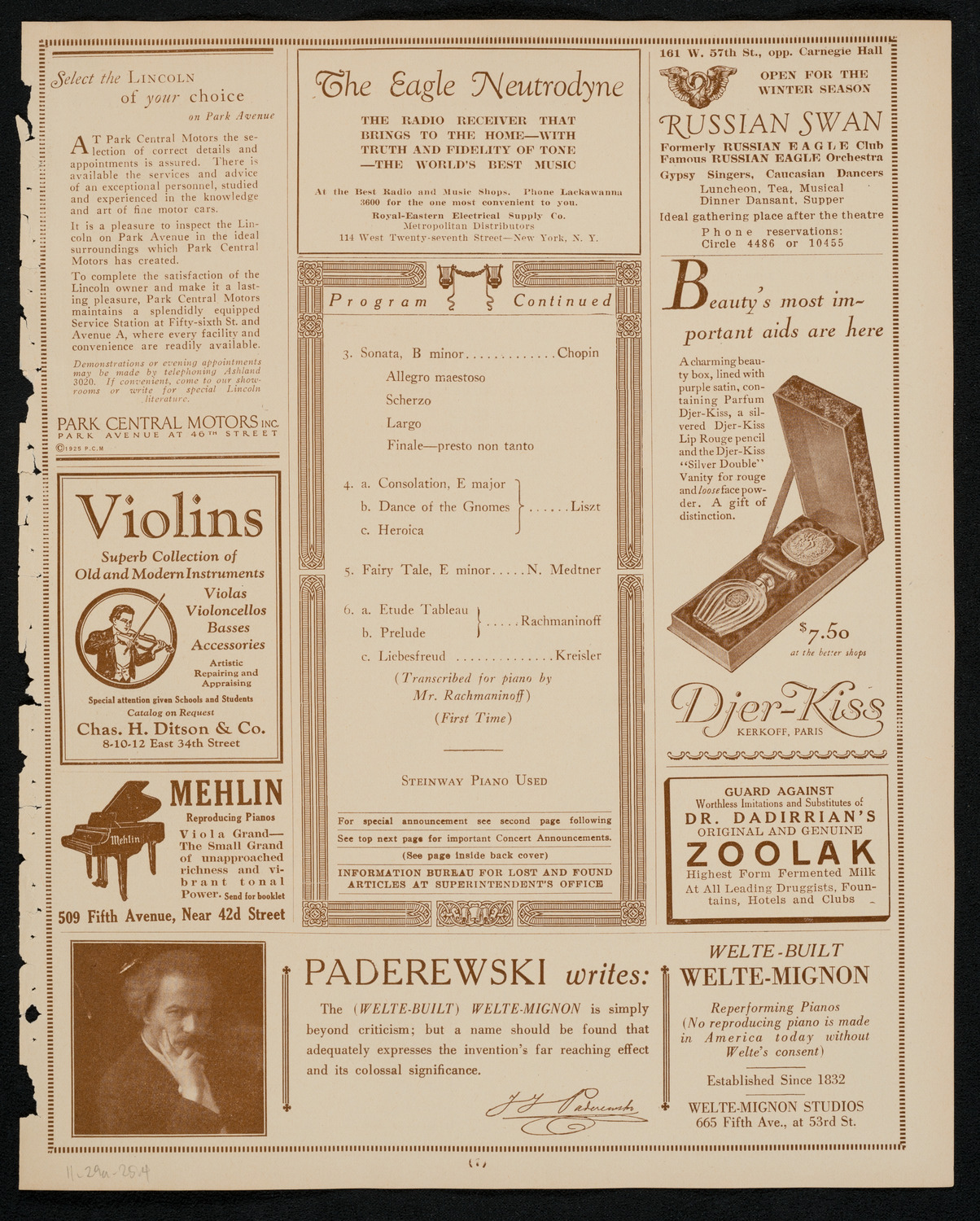 Sergei Rachmaninoff, Piano, November 29, 1925, program page 7
