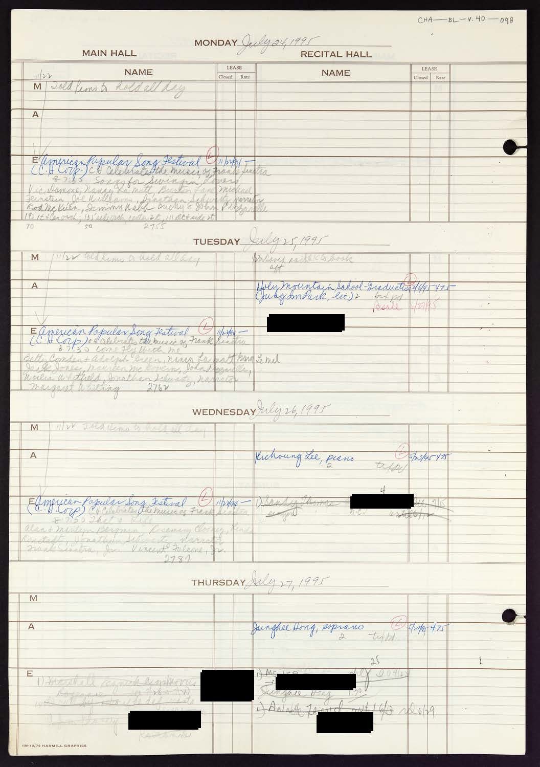 Carnegie Hall Booking Ledger, volume 40, page 98