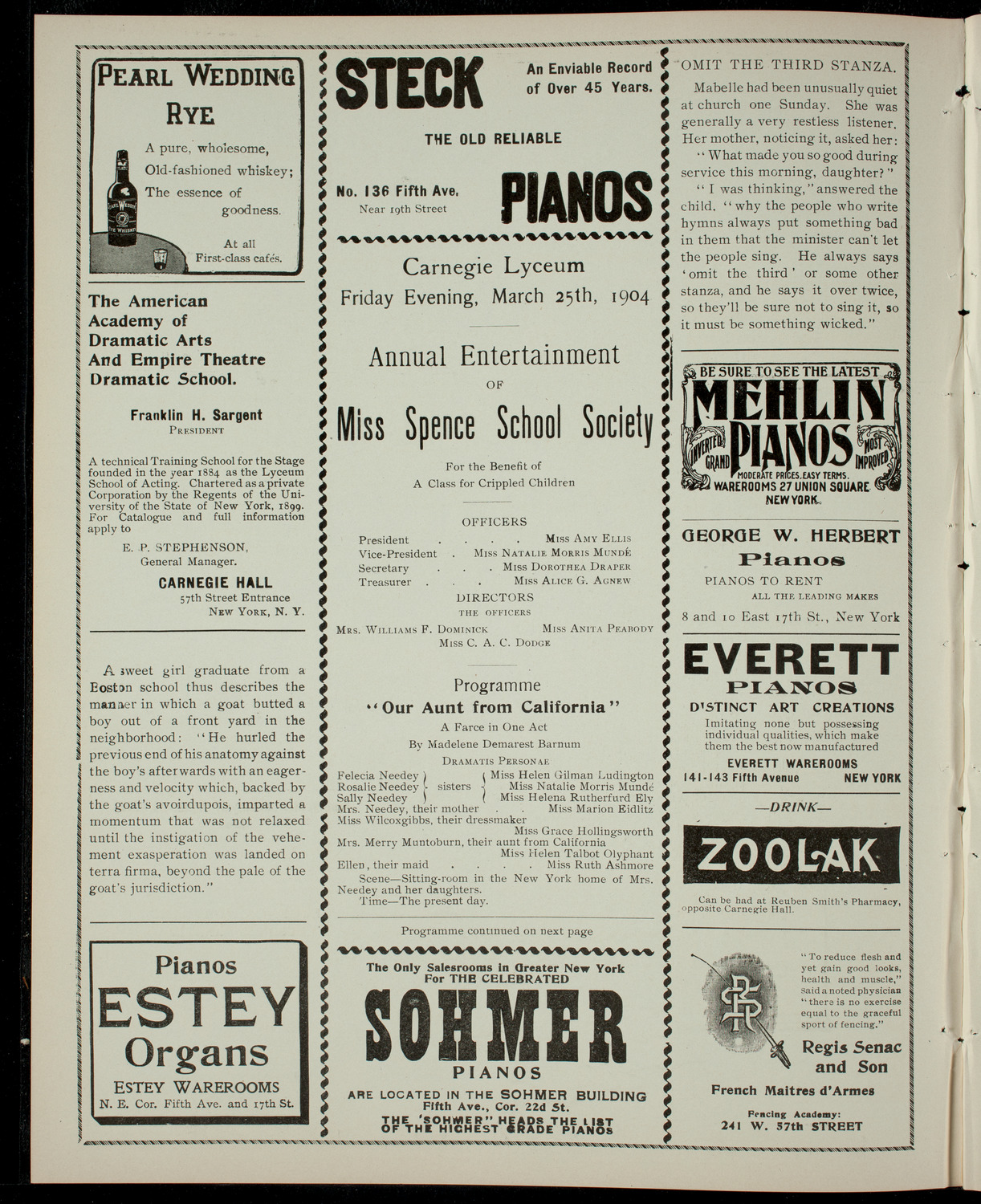 Miss Spence School Society/ Benefit: Class for Crippled Children, March 25, 1904, program page 2