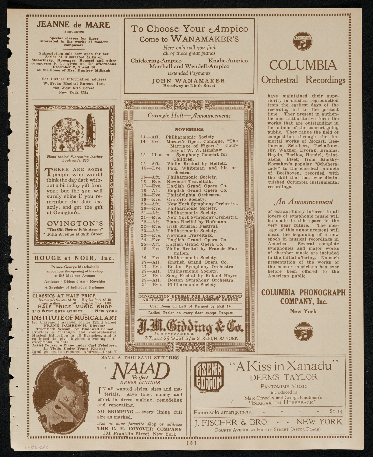 New York Philharmonic, November 13, 1924, program page 3