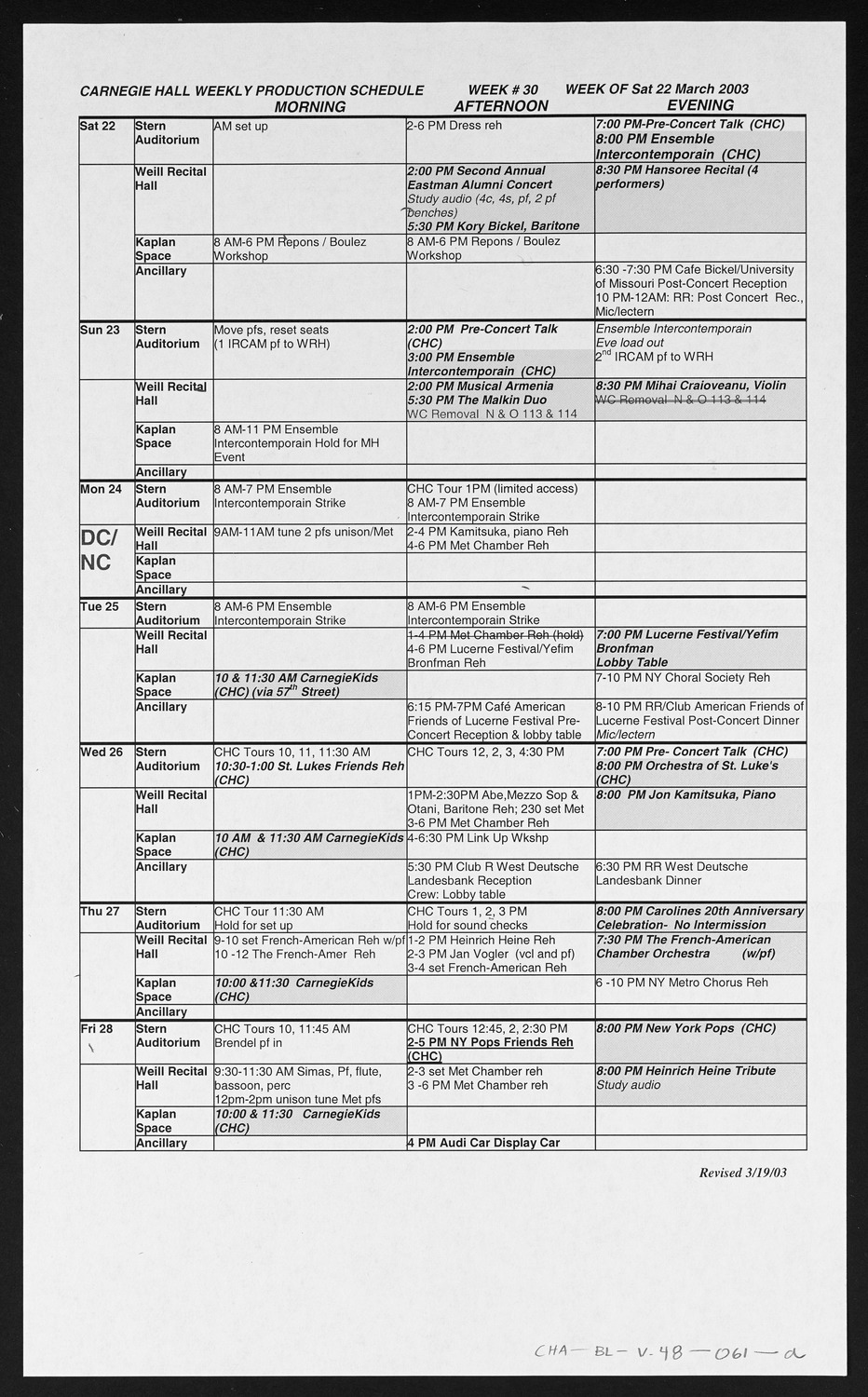 Carnegie Hall Booking Ledger, volume 48, page 61a