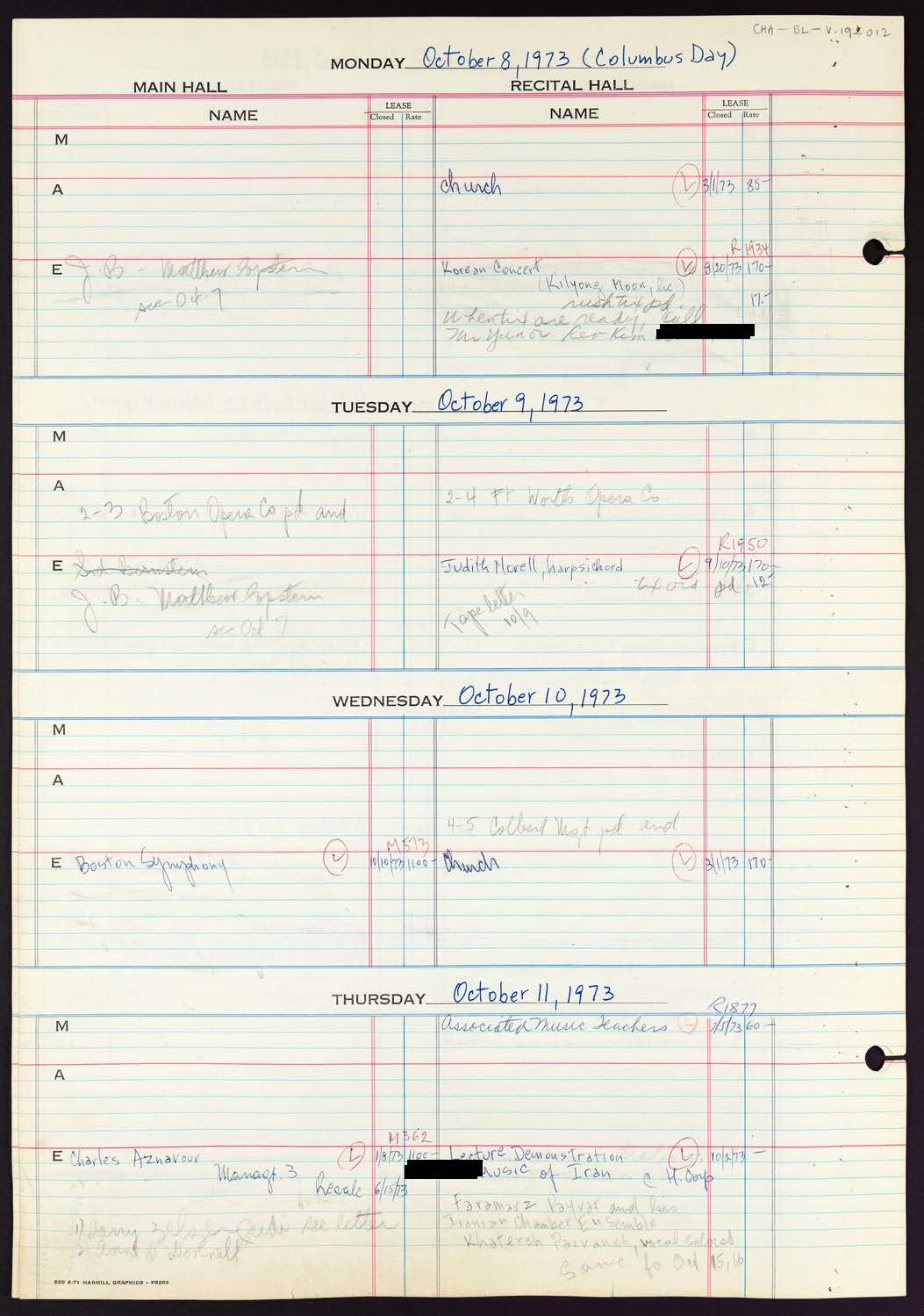 Carnegie Hall Booking Ledger, volume 19, page 12