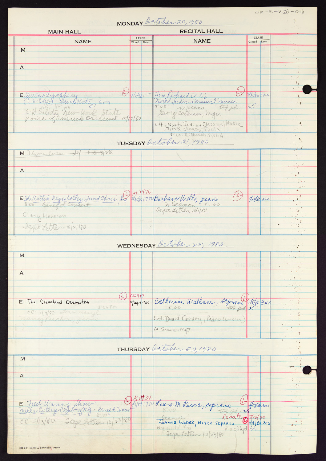 Carnegie Hall Booking Ledger, volume 26, page 16