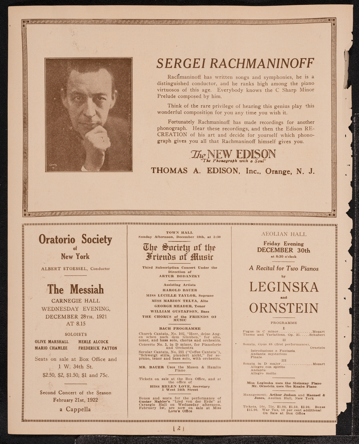 Joseph Schwarz, Baritone, and Eddy Brown, Violin, December 17, 1921, program page 2