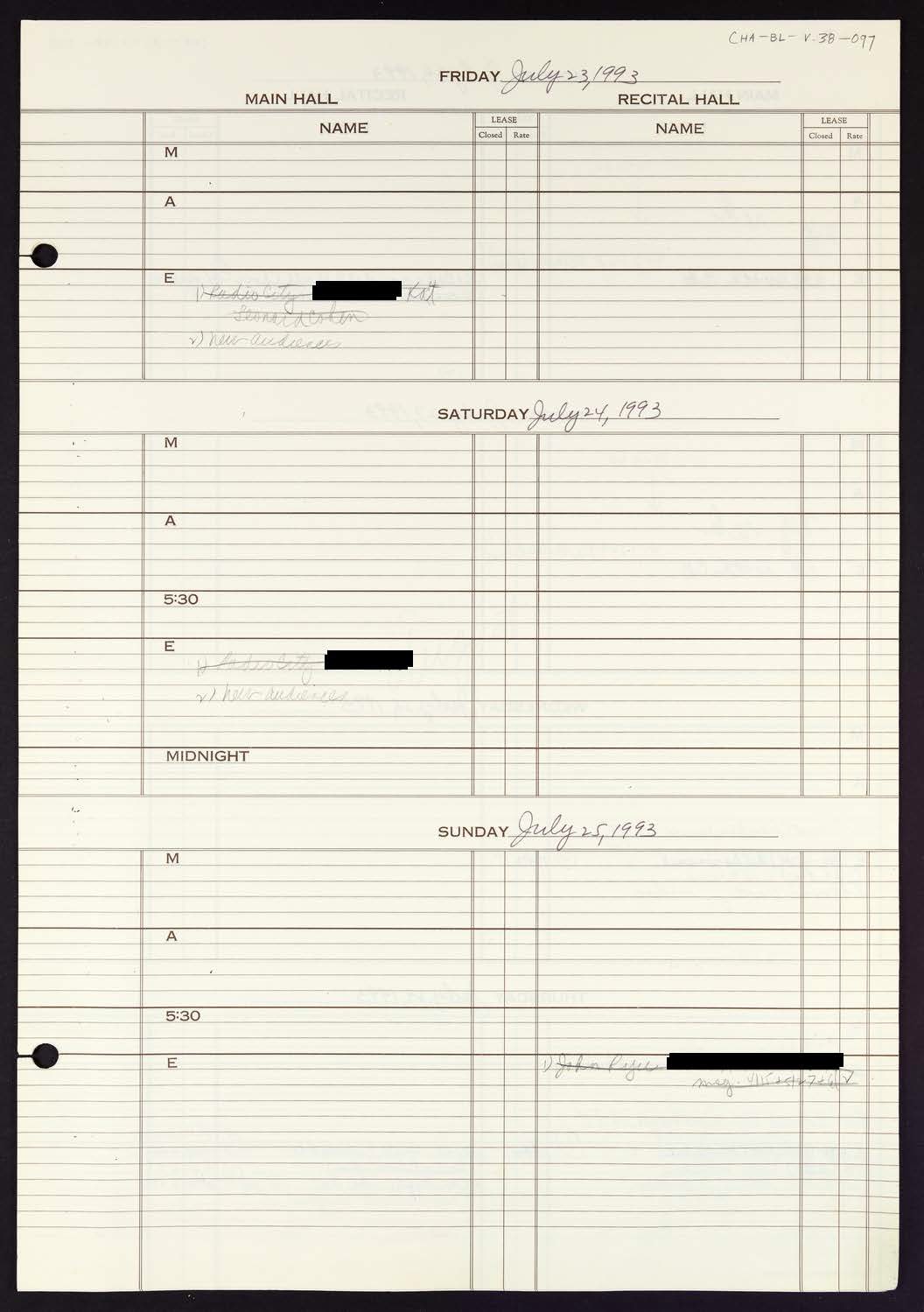 Carnegie Hall Booking Ledger, volume 38, page 97