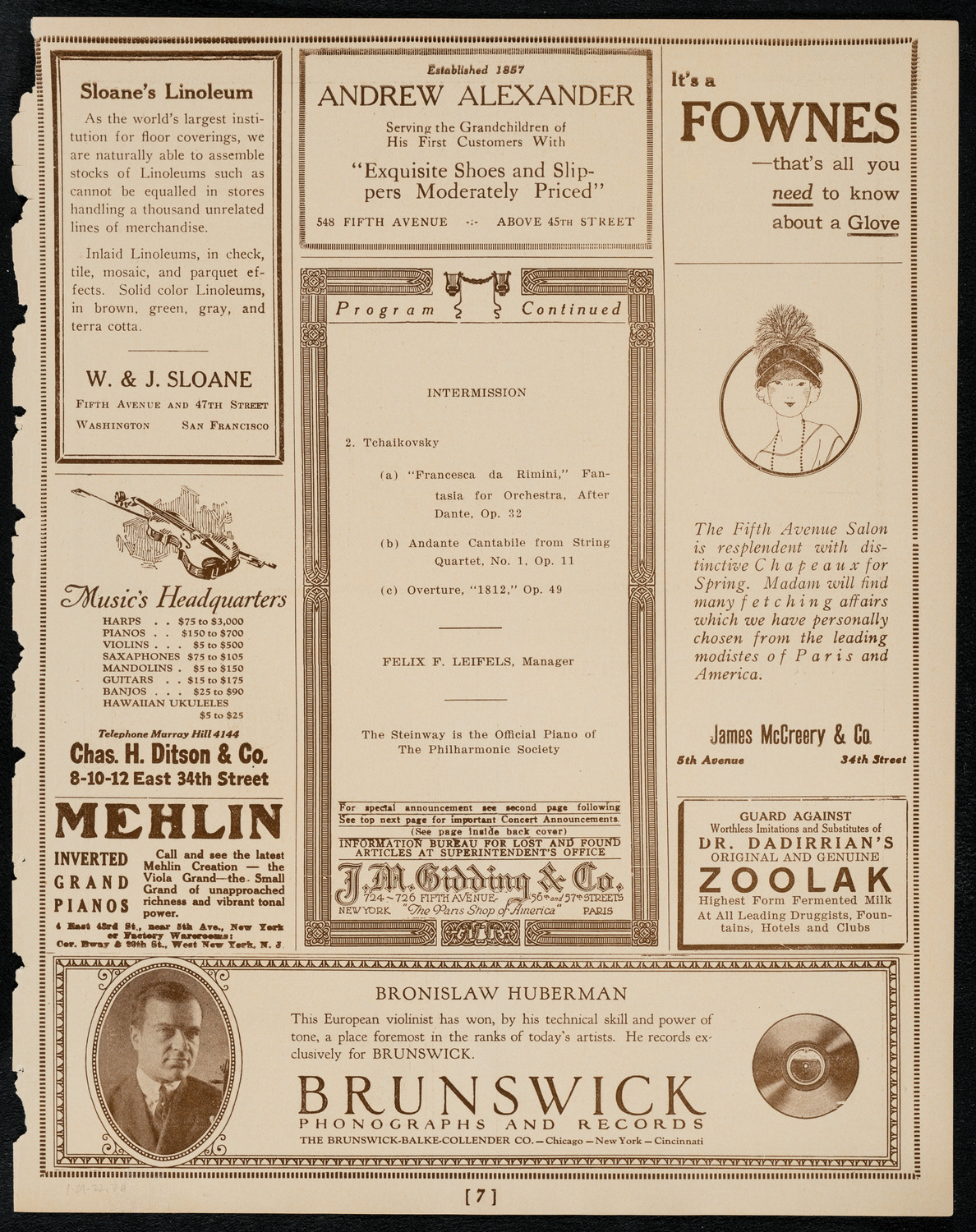 New York Philharmonic, January 29, 1922, program page 7