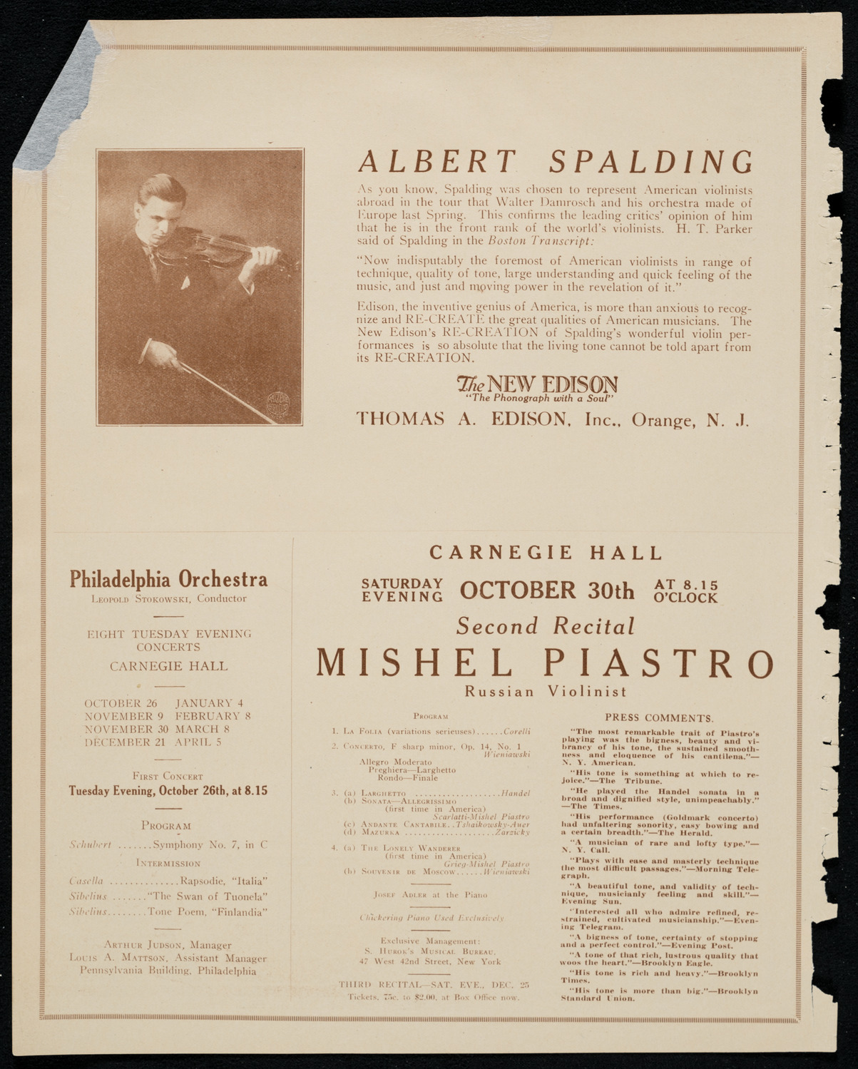 Michel Gusikoff, Violin, October 25, 1920, program page 2