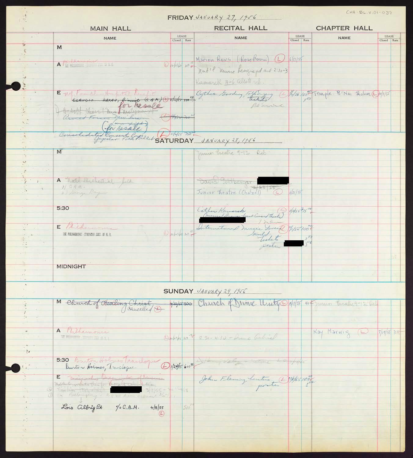 Carnegie Hall Booking Ledger, volume 1, page 37