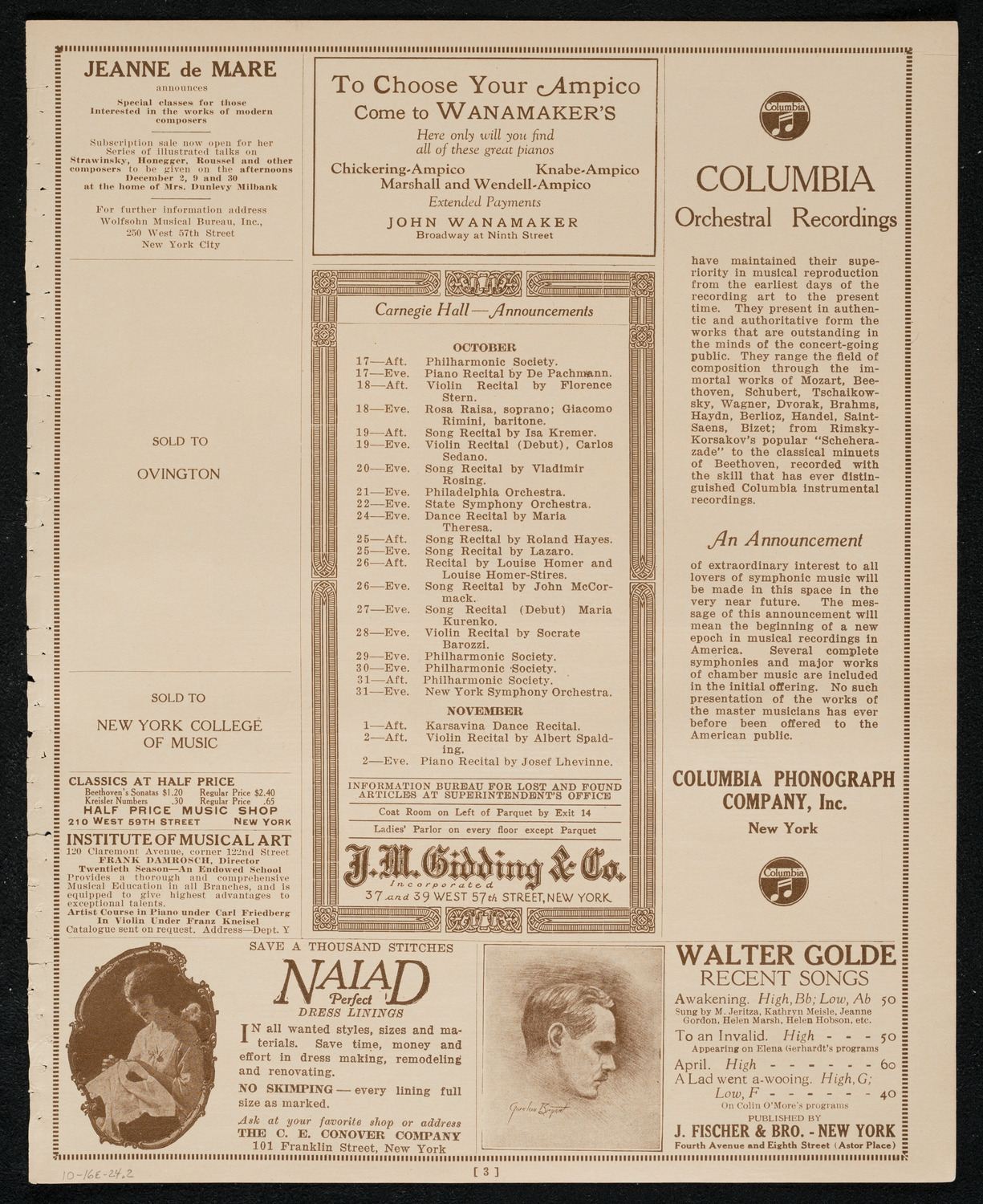 New York Philharmonic, October 16, 1924, program page 3