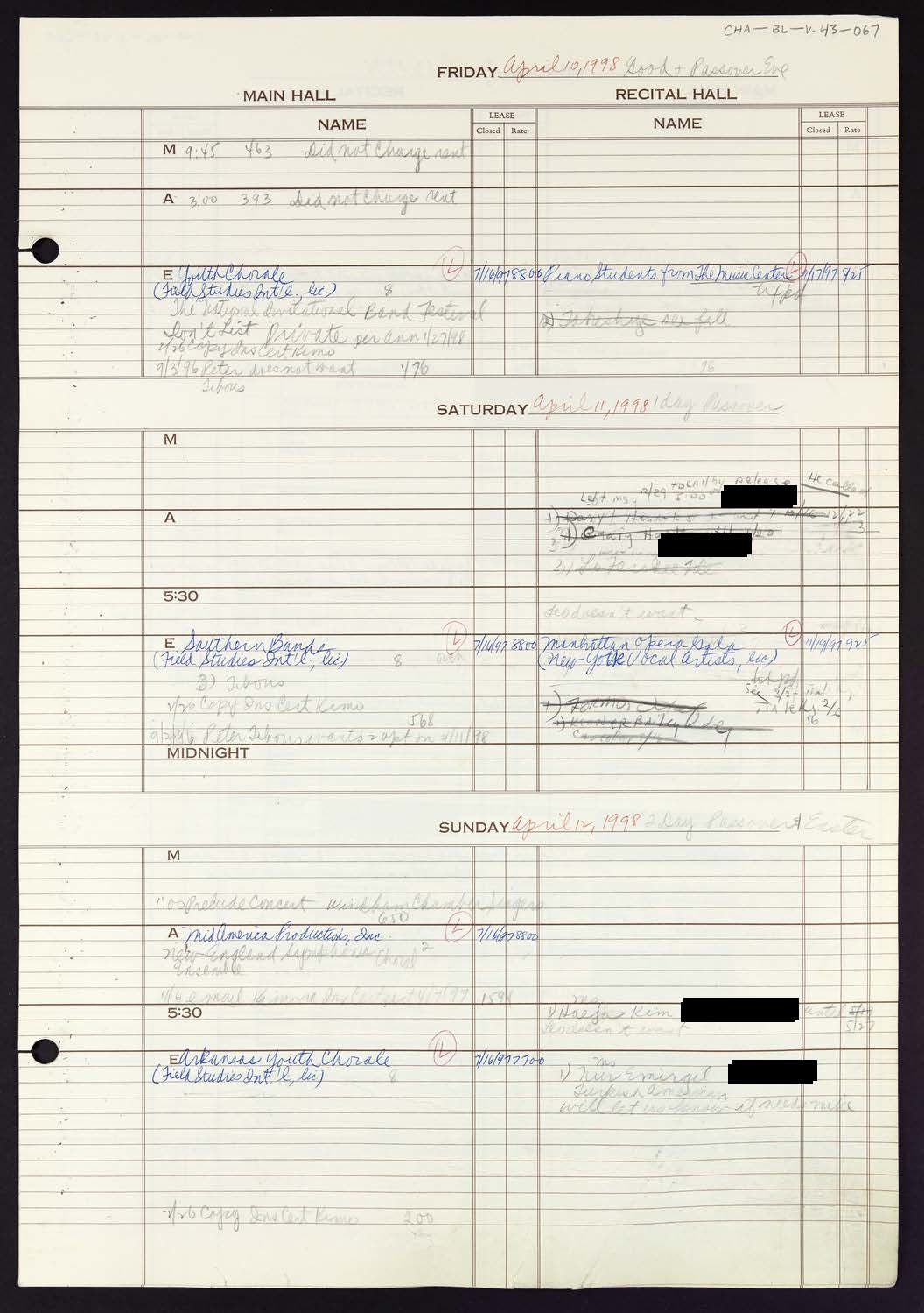 Carnegie Hall Booking Ledger, volume 43, page 67