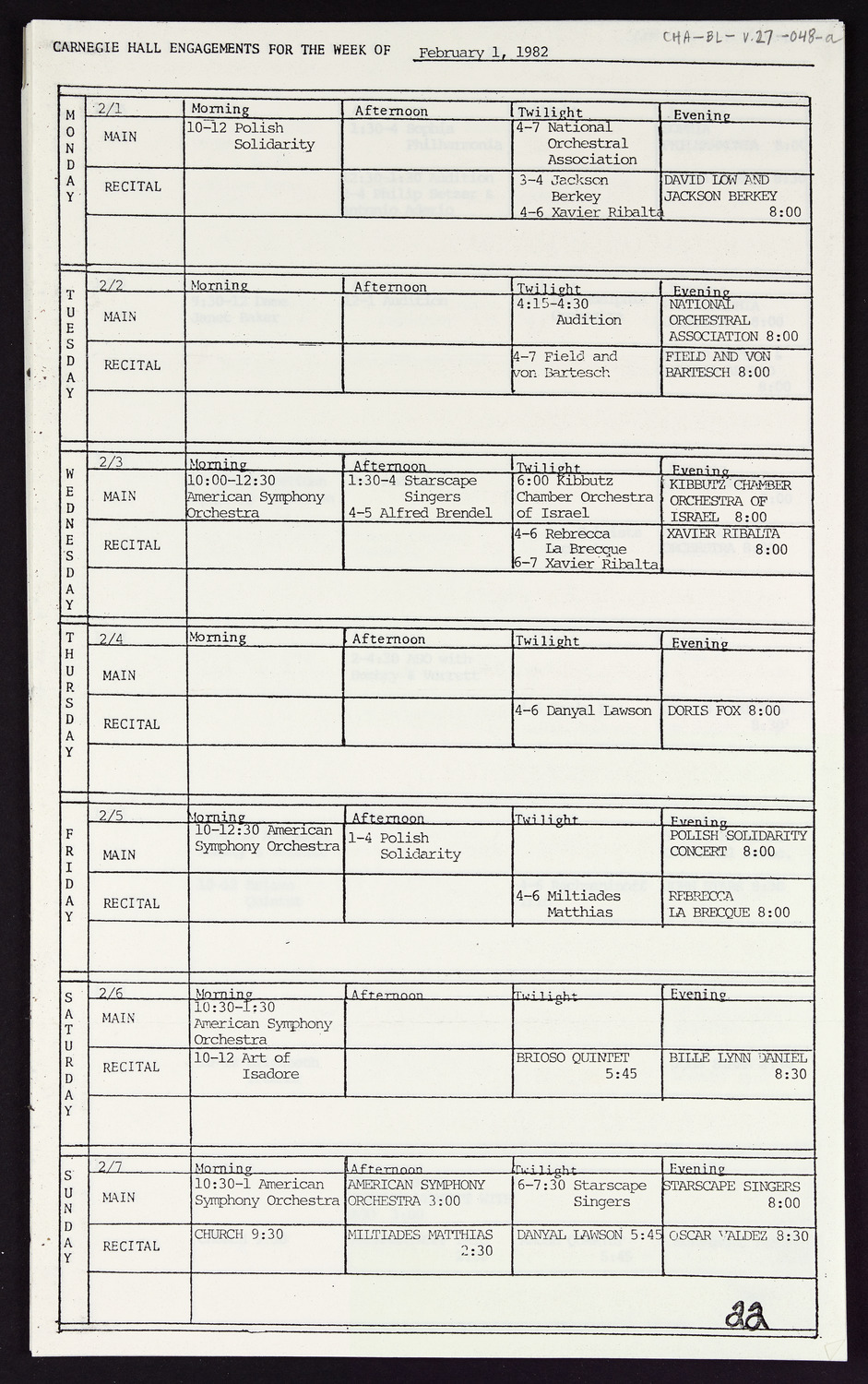 Carnegie Hall Booking Ledger, volume 27, page 48a