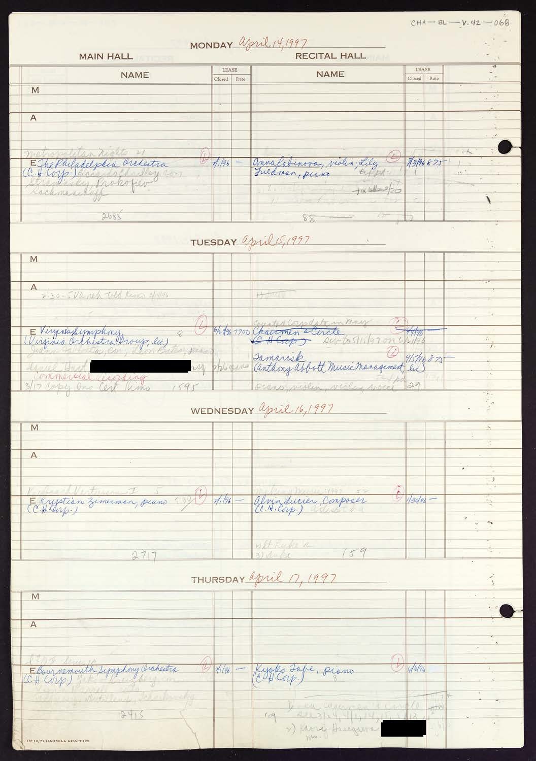 Carnegie Hall Booking Ledger, volume 42, page 68